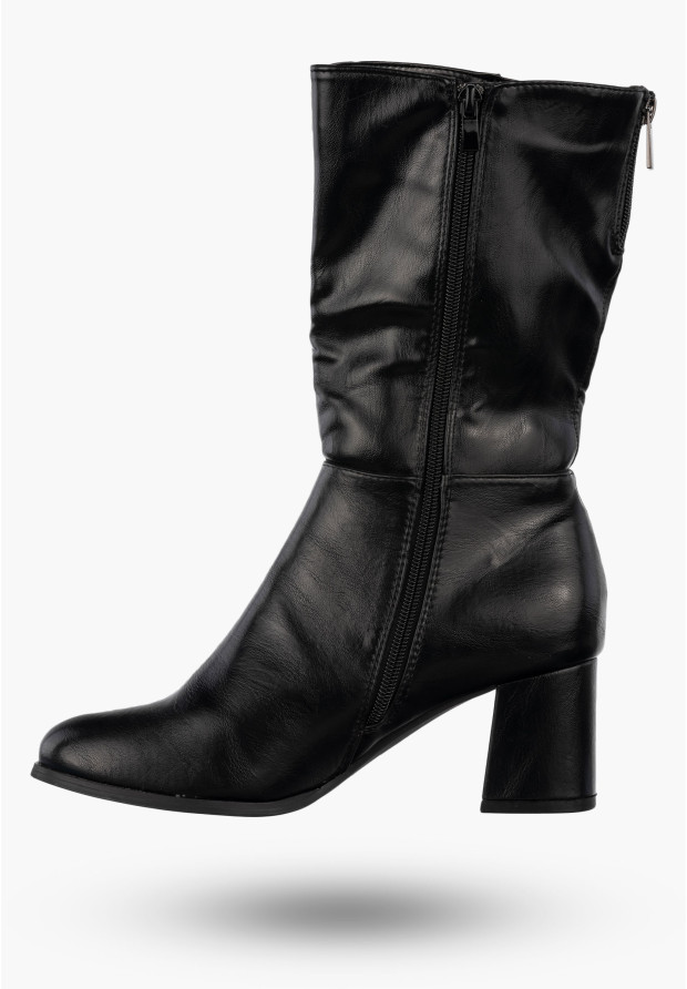 Kozaki Damskie Ekoskóra Eleganckie Klasyczne Buty Na Obcasie Ocieplane Czarne Jezzi