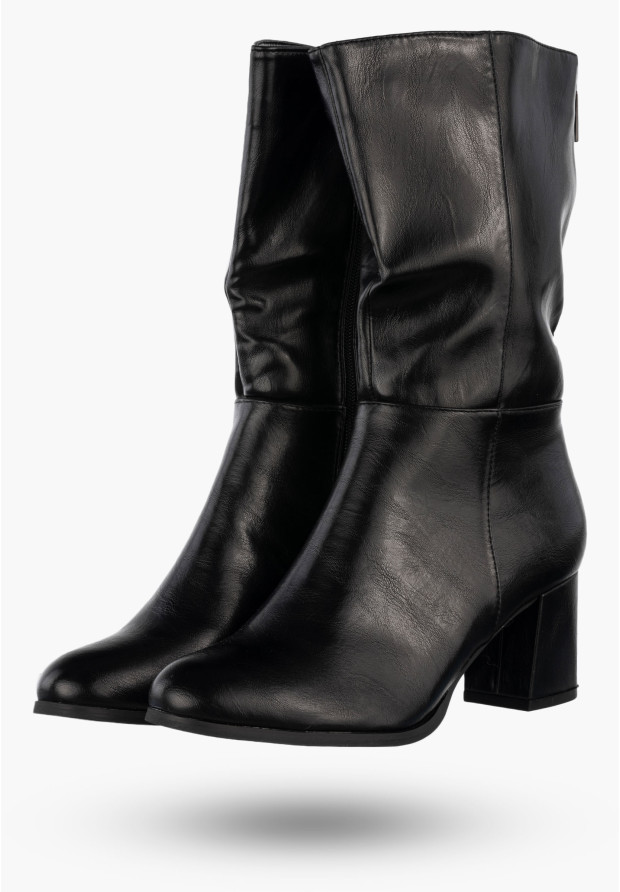 Kozaki Damskie Ekoskóra Eleganckie Klasyczne Buty Na Obcasie Ocieplane Czarne Jezzi