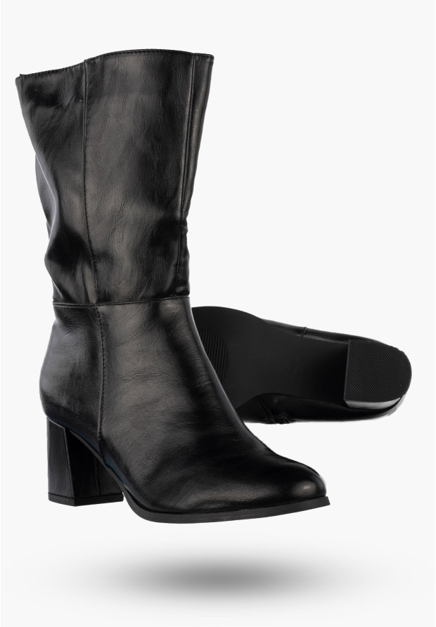 Kozaki Damskie Ekoskóra Eleganckie Klasyczne Buty Na Obcasie Ocieplane Czarne Jezzi