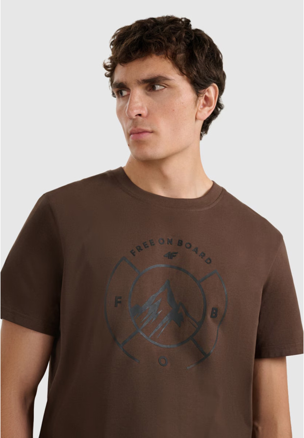 Koszulka Męska 4F T-shirt Z Nadrukiem Regular Brązowa 4FWAW25TTSHM3138