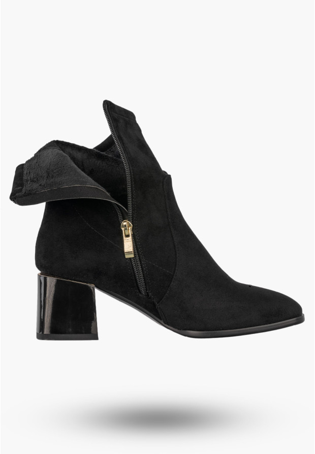 Botki Damskie Buty Ocieplane Na Klocku Na Zimę Eleganckie Czarne GOODIN