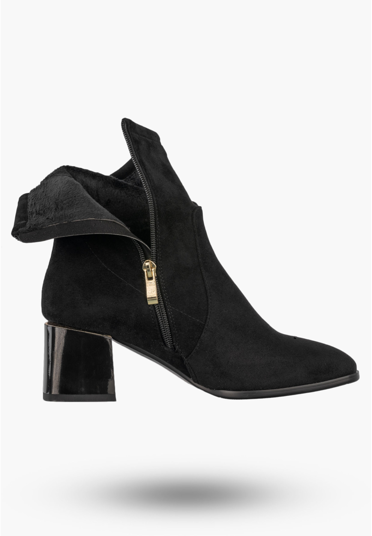 Botki Damskie Buty Ocieplane Na Klocku Na Zimę Eleganckie Czarne GOODIN