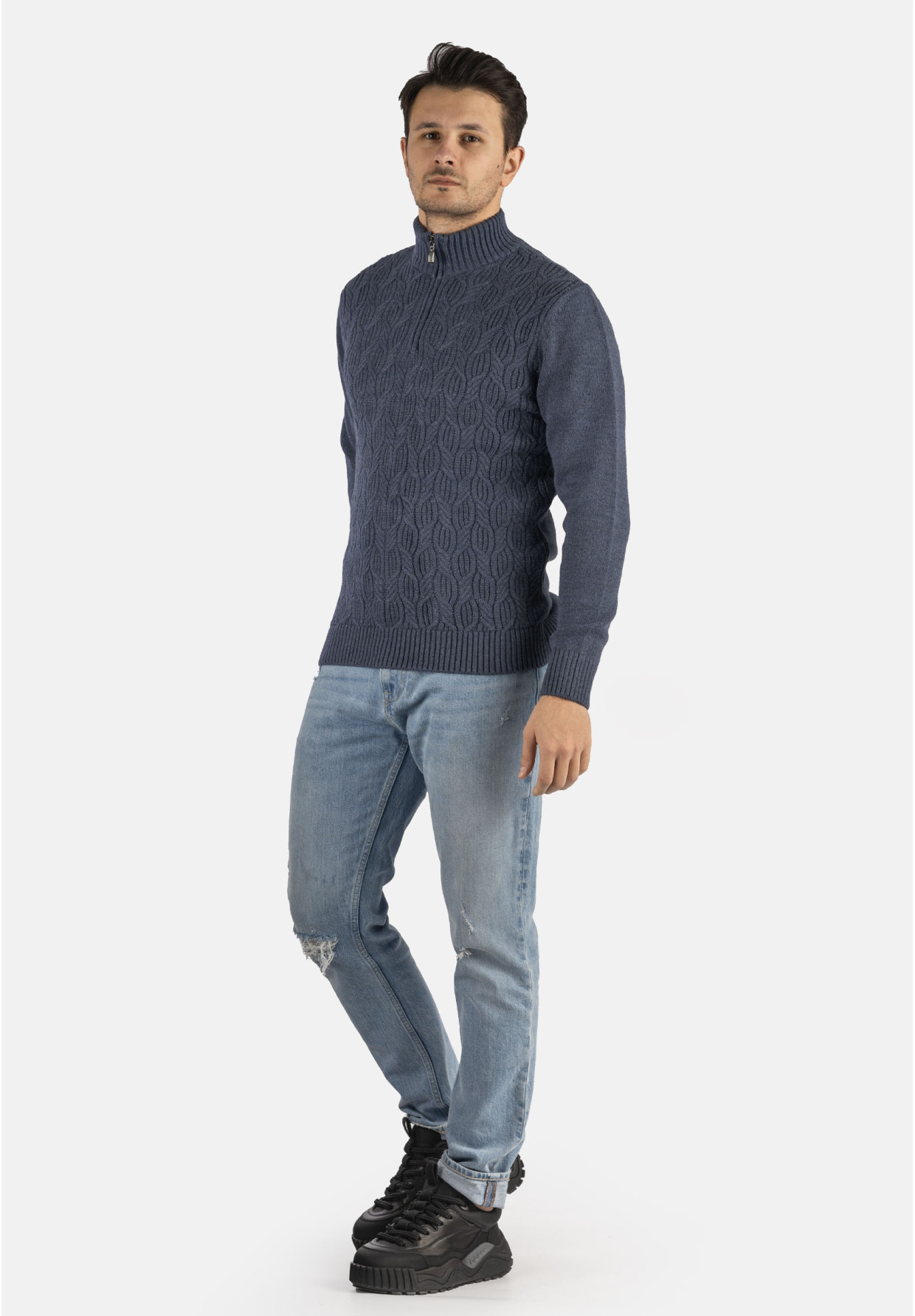Sweter Męski Granatowy Golf Rozpinany Gruby Zimowy Wełniany Ciepły
