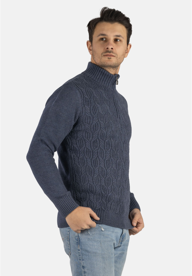Sweter Męski Granatowy Golf Rozpinany Gruby Zimowy Wełniany Ciepły