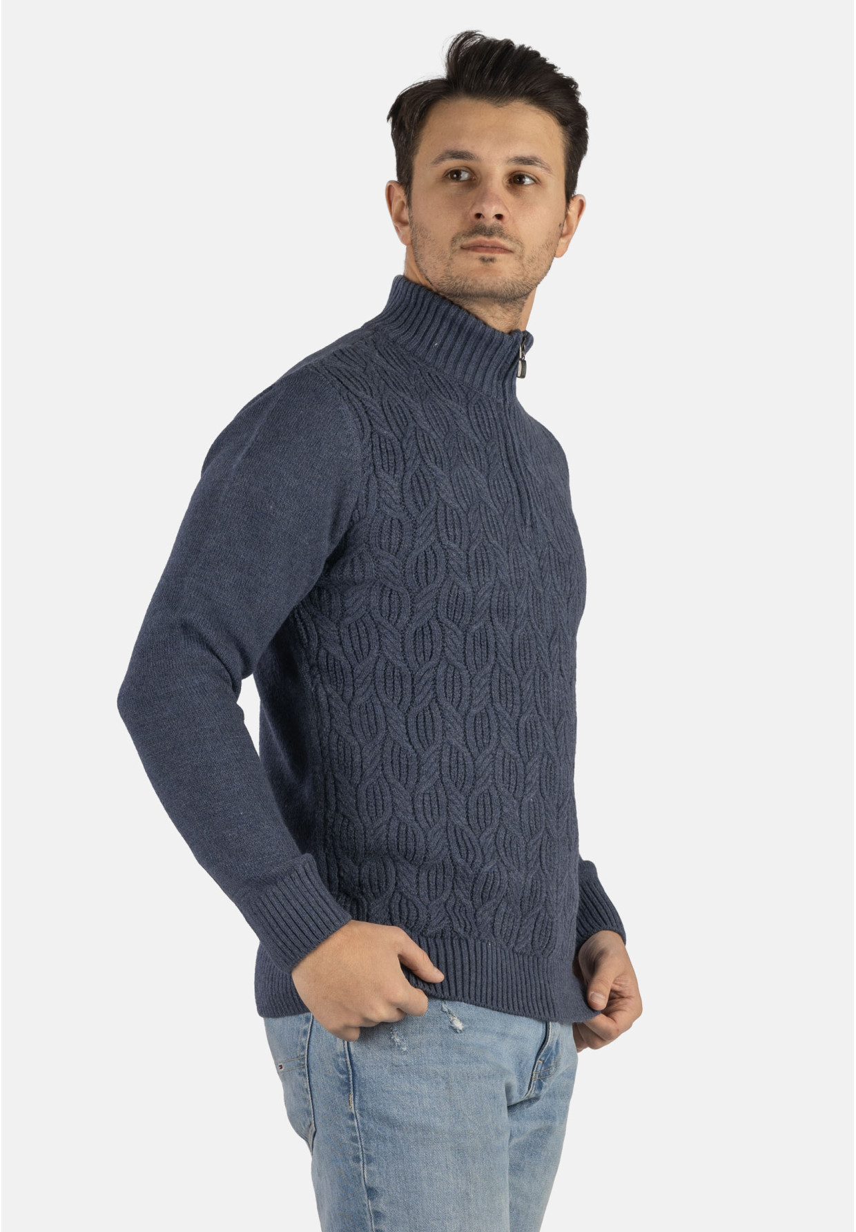 Sweter Męski Granatowy Golf Rozpinany Gruby Zimowy Wełniany Ciepły