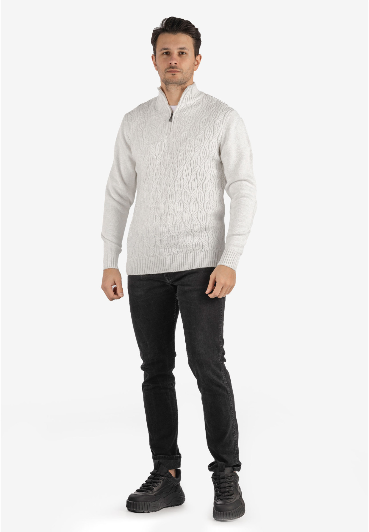 Sweter Męski Biały Golf Rozpinany Gruby Zimowy Wełniany Ciepły