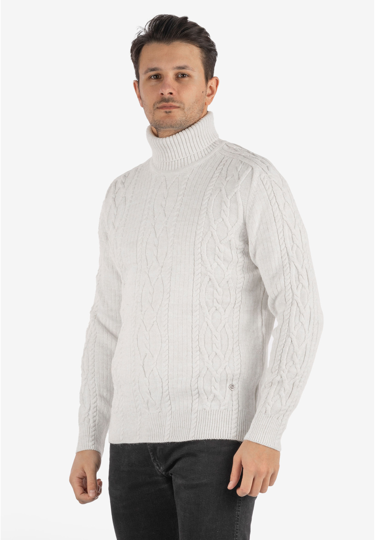 Sweter Męski Golf Biały Gruby Zimowy Wełniany Ciepły