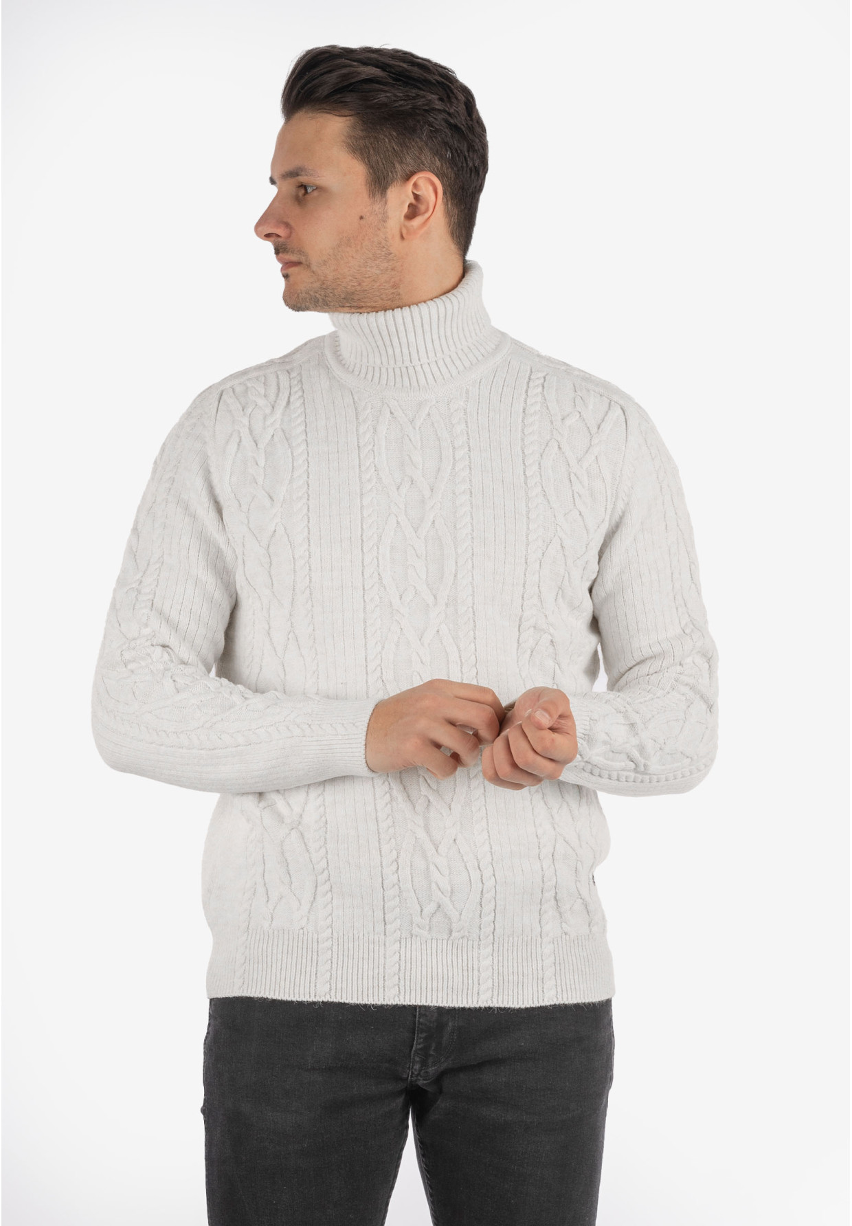 Sweter Męski Golf Biały Gruby Zimowy Wełniany Ciepły