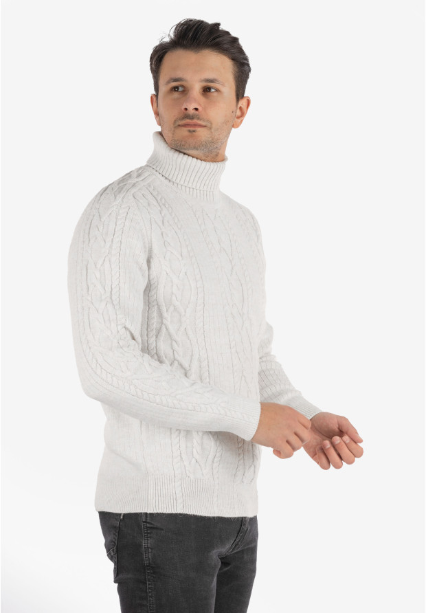Sweter Męski Golf Biały Gruby Zimowy Wełniany Ciepły