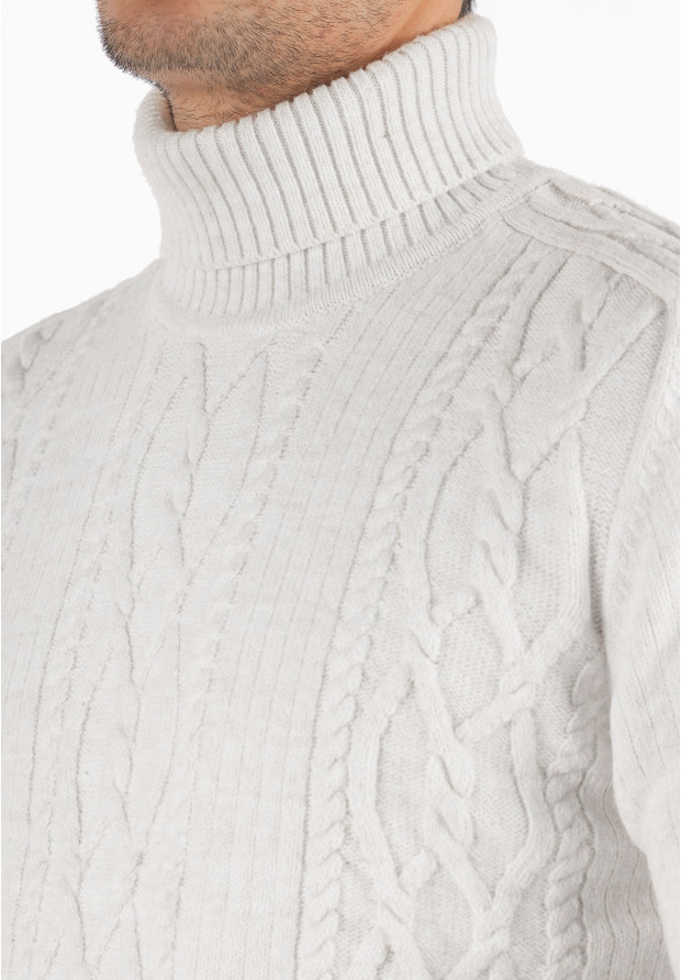 Sweter Męski Golf Biały Gruby Zimowy Wełniany Ciepły