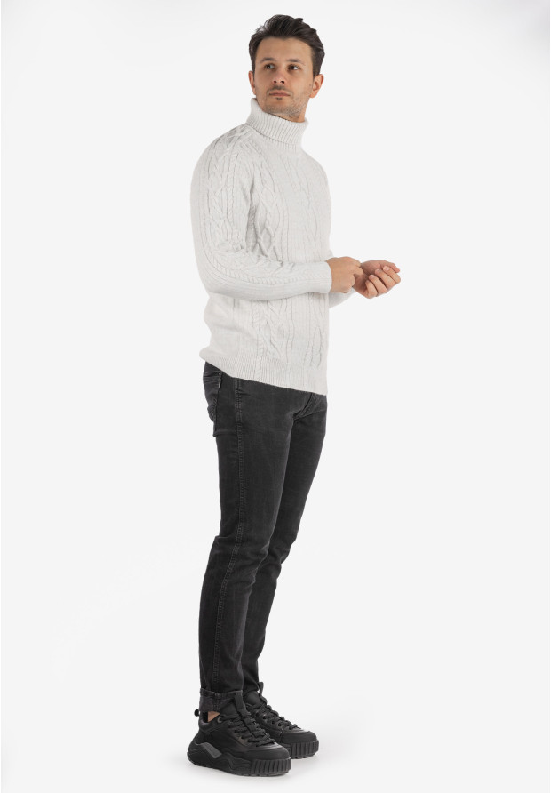 Sweter Męski Golf Biały Gruby Zimowy Wełniany Ciepły