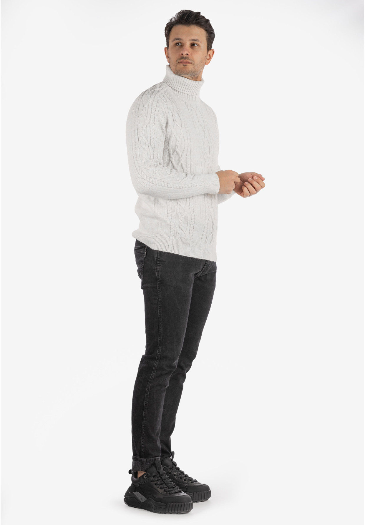 Sweter Męski Golf Biały Gruby Zimowy Wełniany Ciepły