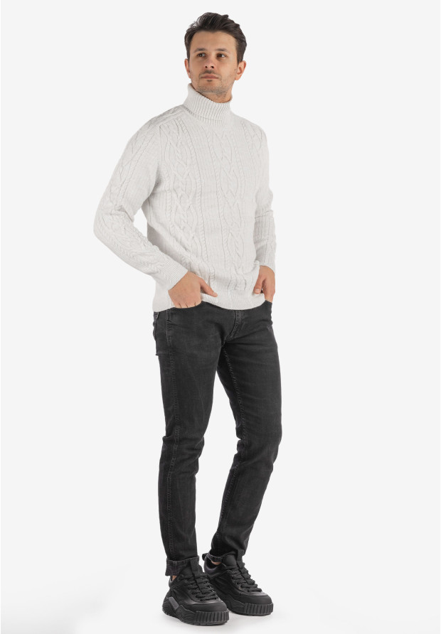 Sweter Męski Golf Biały Gruby Zimowy Wełniany Ciepły