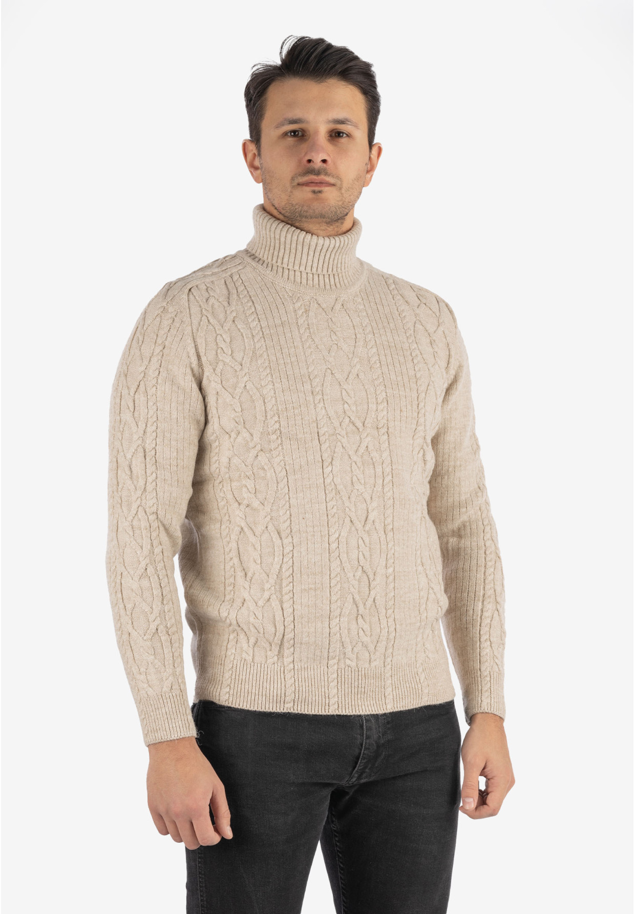 Sweter Męski Golf Beżowy Gruby Zimowy Wełniany Ciepły