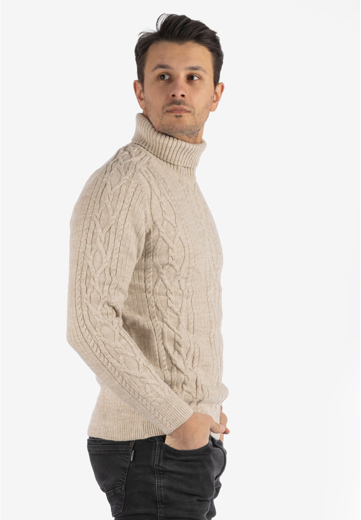 Sweter Męski Golf Beżowy Gruby Zimowy Wełniany Ciepły