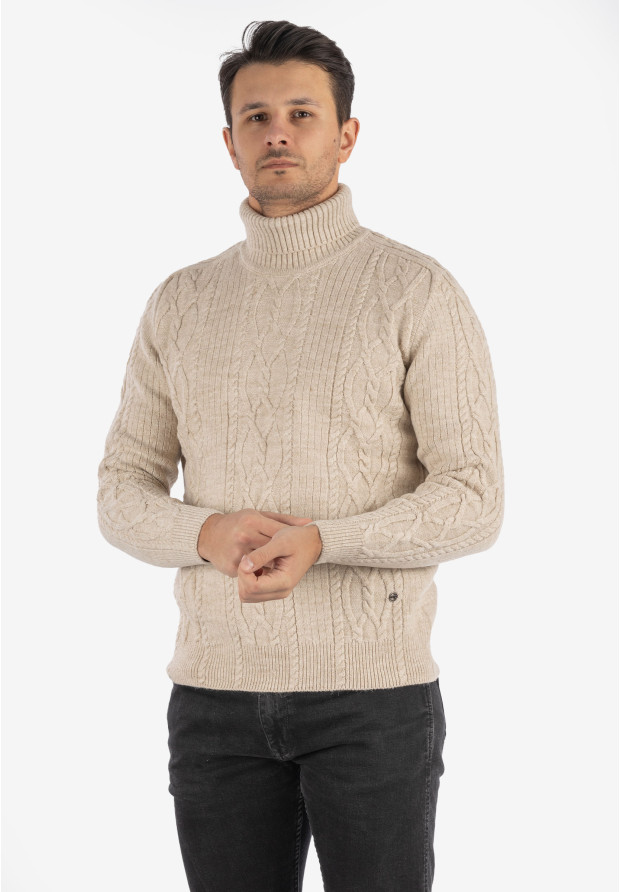 Sweter Męski Golf Beżowy Gruby Zimowy Wełniany Ciepły
