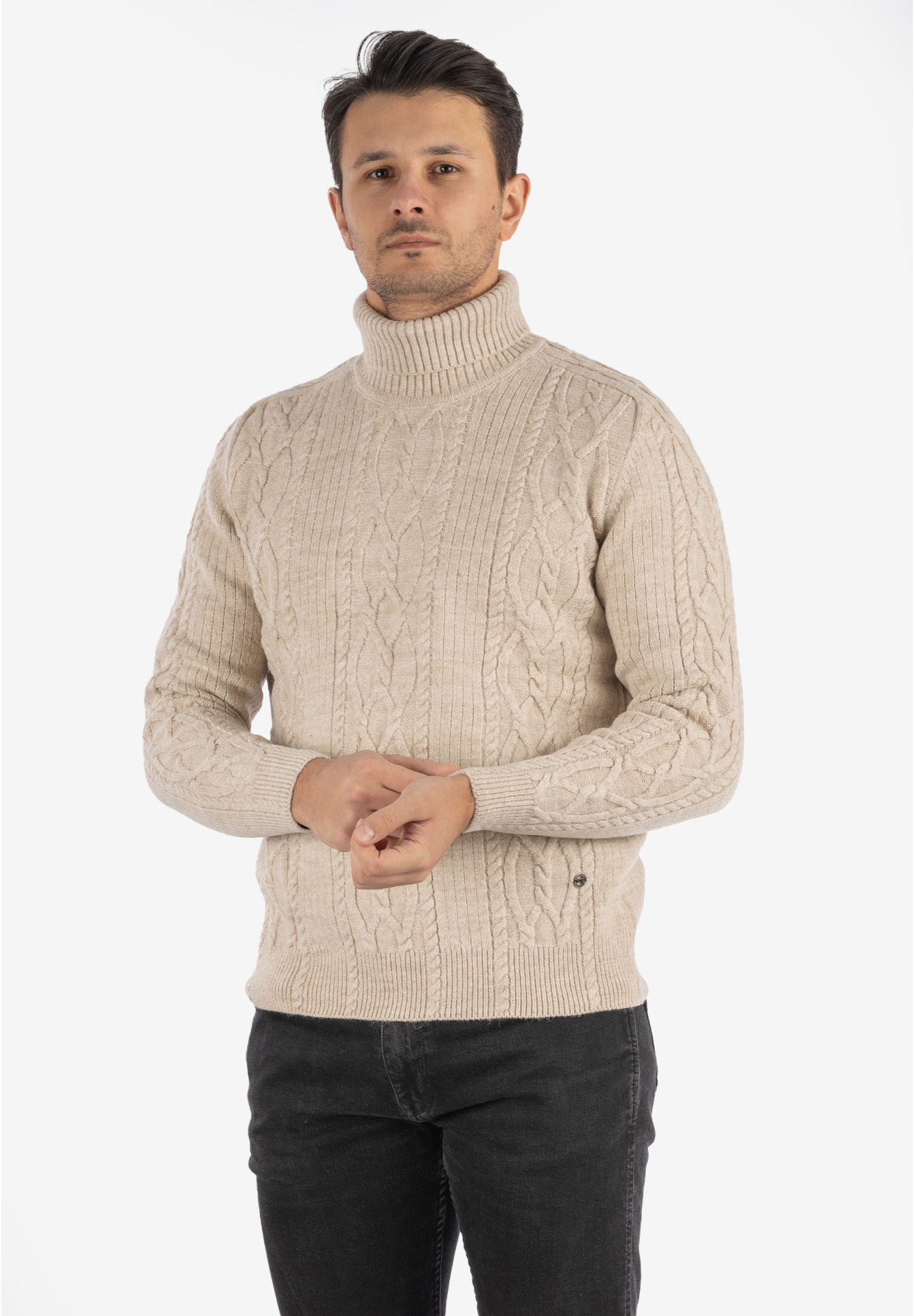 Sweter Męski Golf Beżowy Gruby Zimowy Wełniany Ciepły