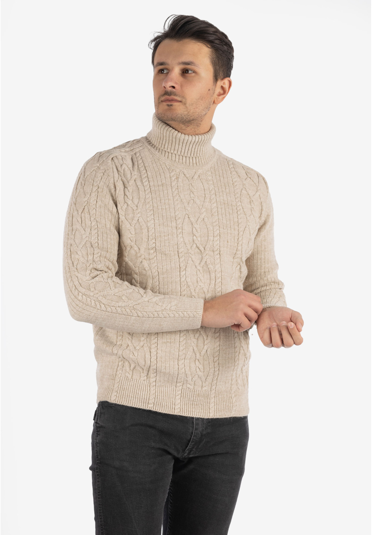 Sweter Męski Golf Beżowy Gruby Zimowy Wełniany Ciepły