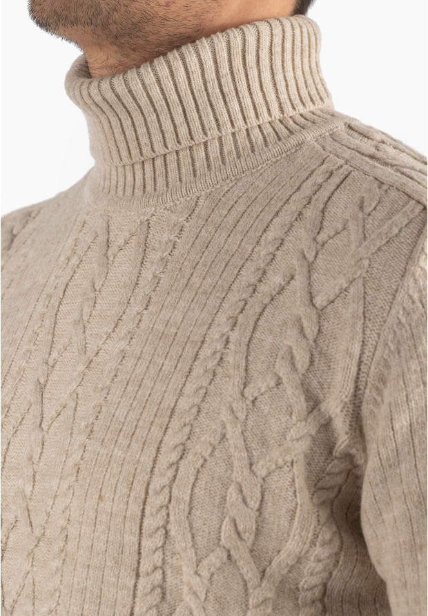 Sweter Męski Golf Beżowy Gruby Zimowy Wełniany Ciepły
