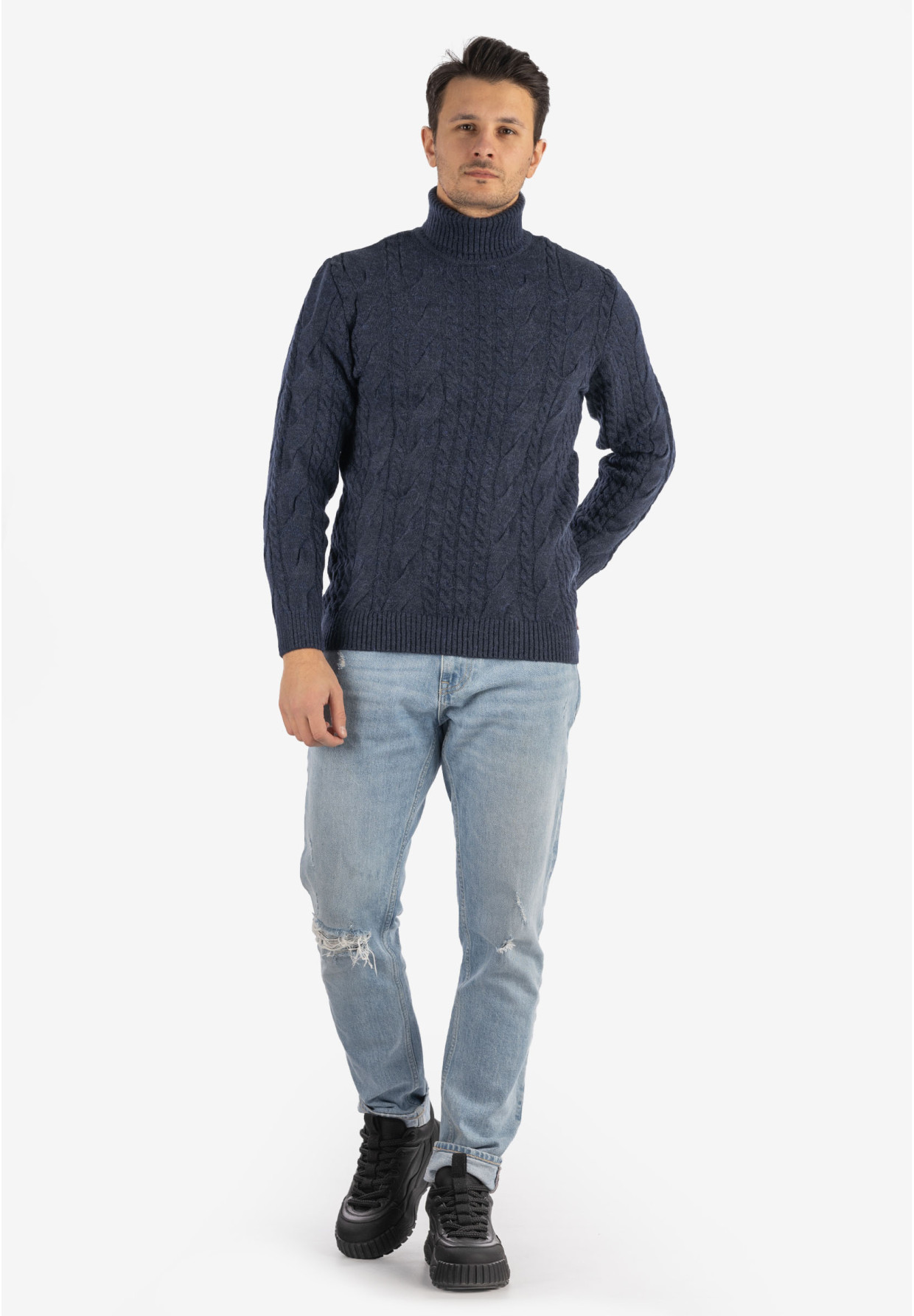 Sweter Męski Golf Granatowy Gruby Zimowy Wełniany Ciepły