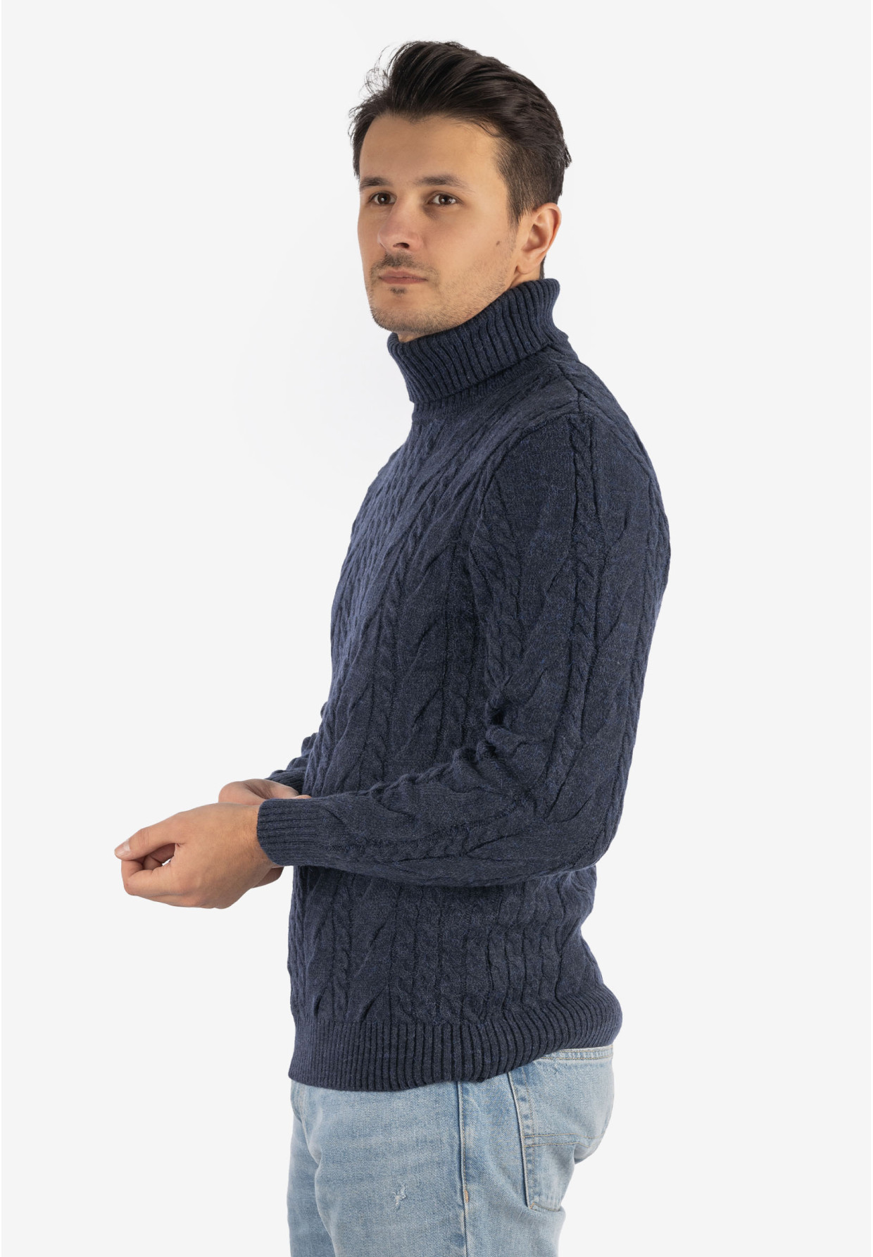Sweter Męski Golf Granatowy Gruby Zimowy Wełniany Ciepły