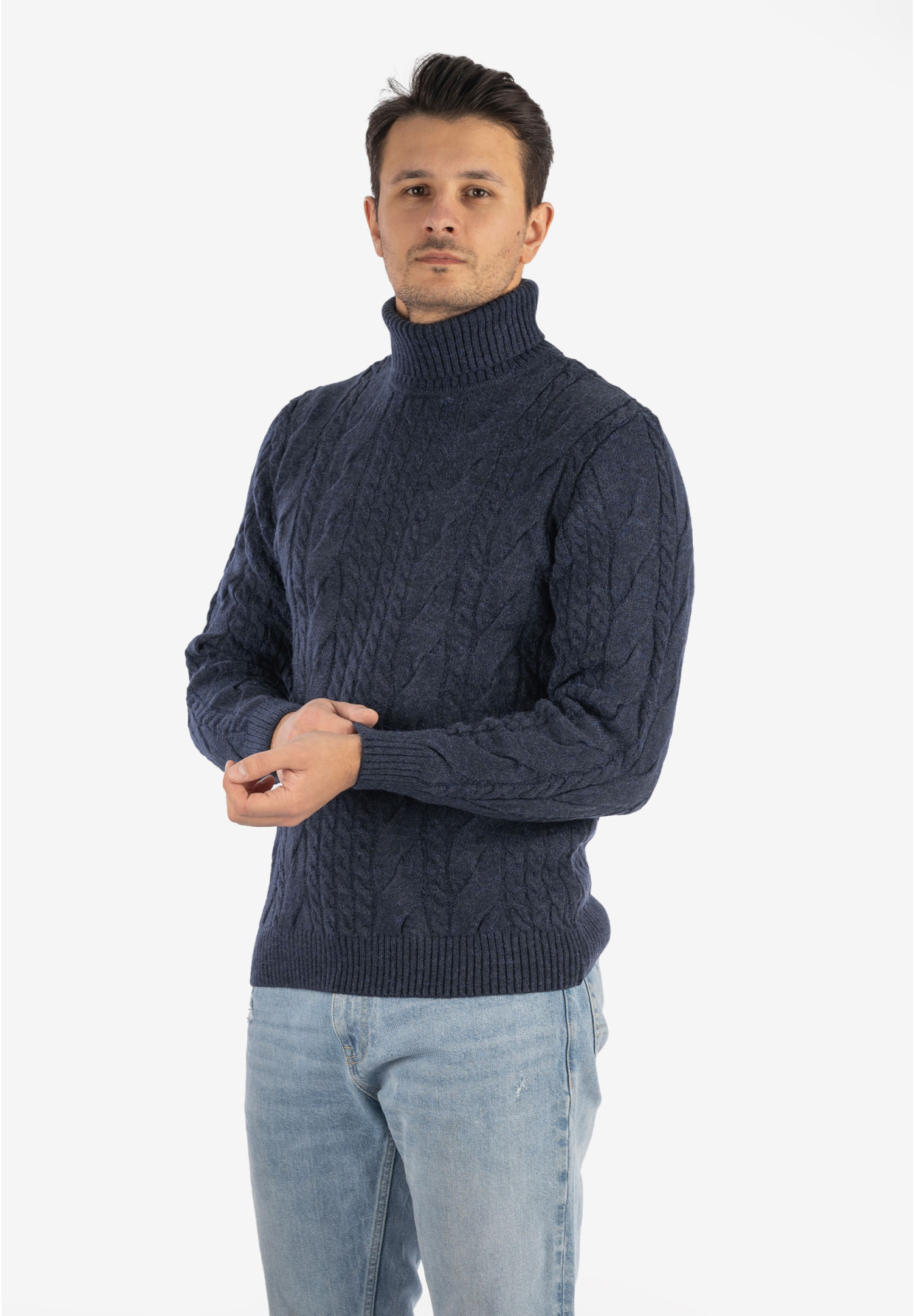 Sweter Męski Golf Granatowy Gruby Zimowy Wełniany Ciepły