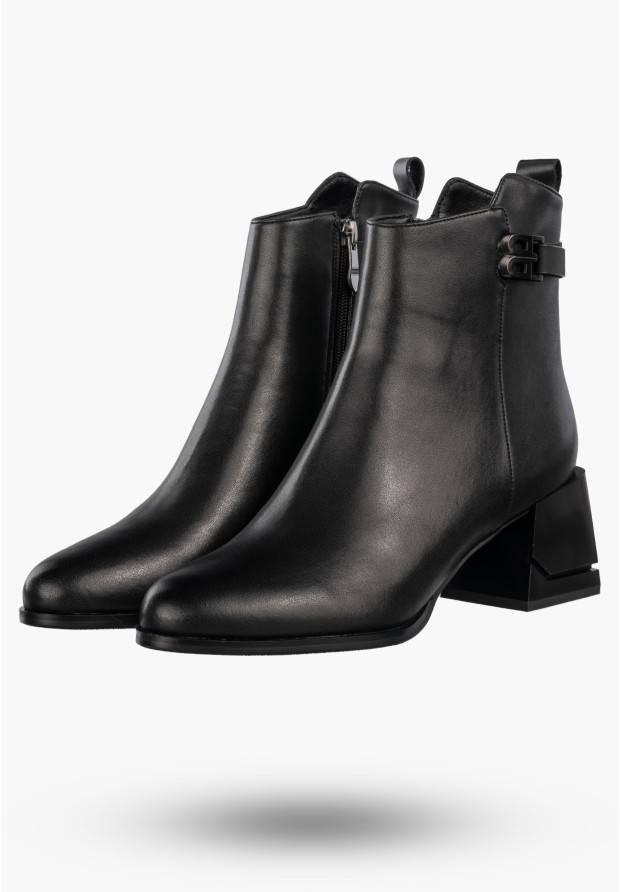 Botki Damskie Skórzane Buty Na Klocku Eleganckie Zimowe Ocieplane Czarne Cambell