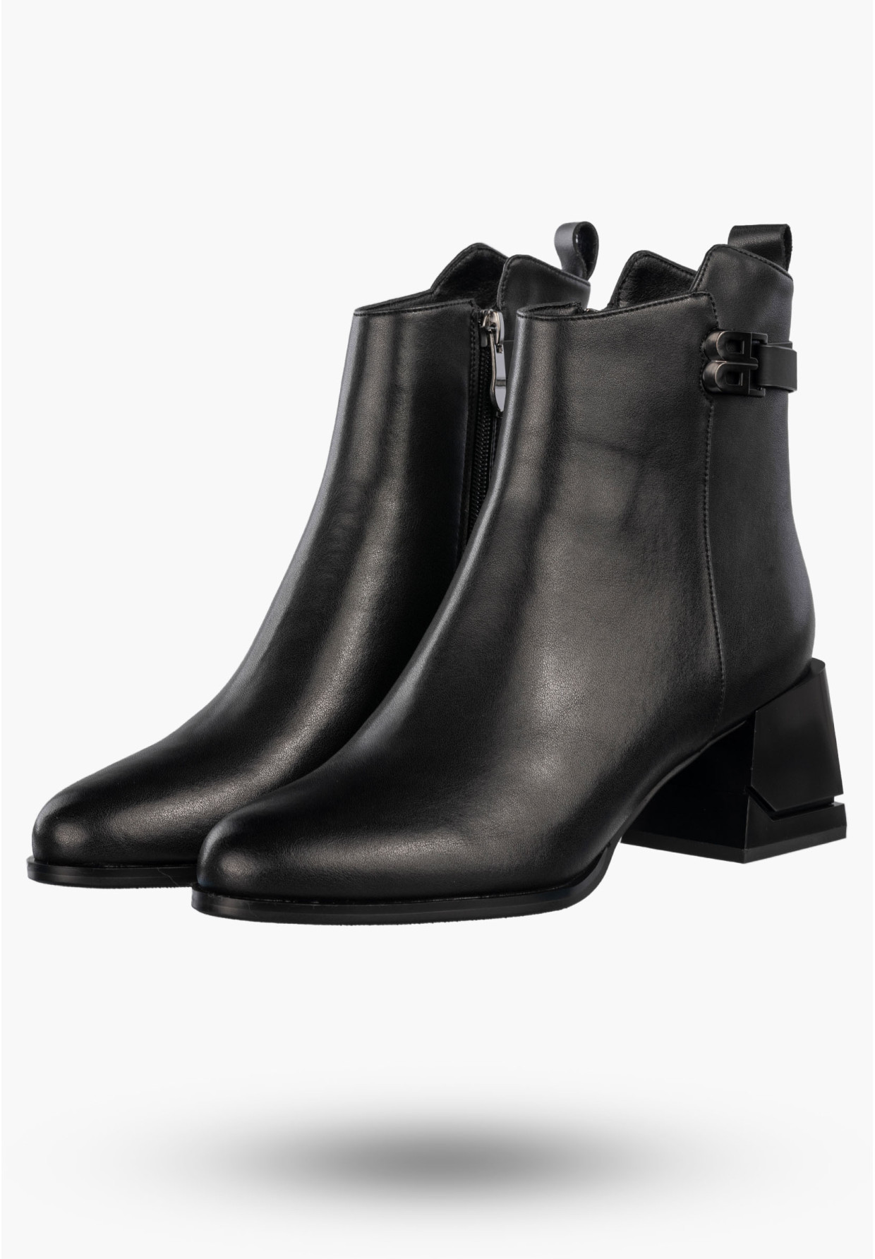 Botki Damskie Skórzane Buty Na Klocku Eleganckie Zimowe Ocieplane Czarne Cambell