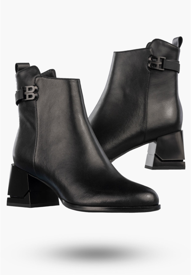 Botki Damskie Skórzane Buty Na Klocku Eleganckie Zimowe Ocieplane Czarne Cambell