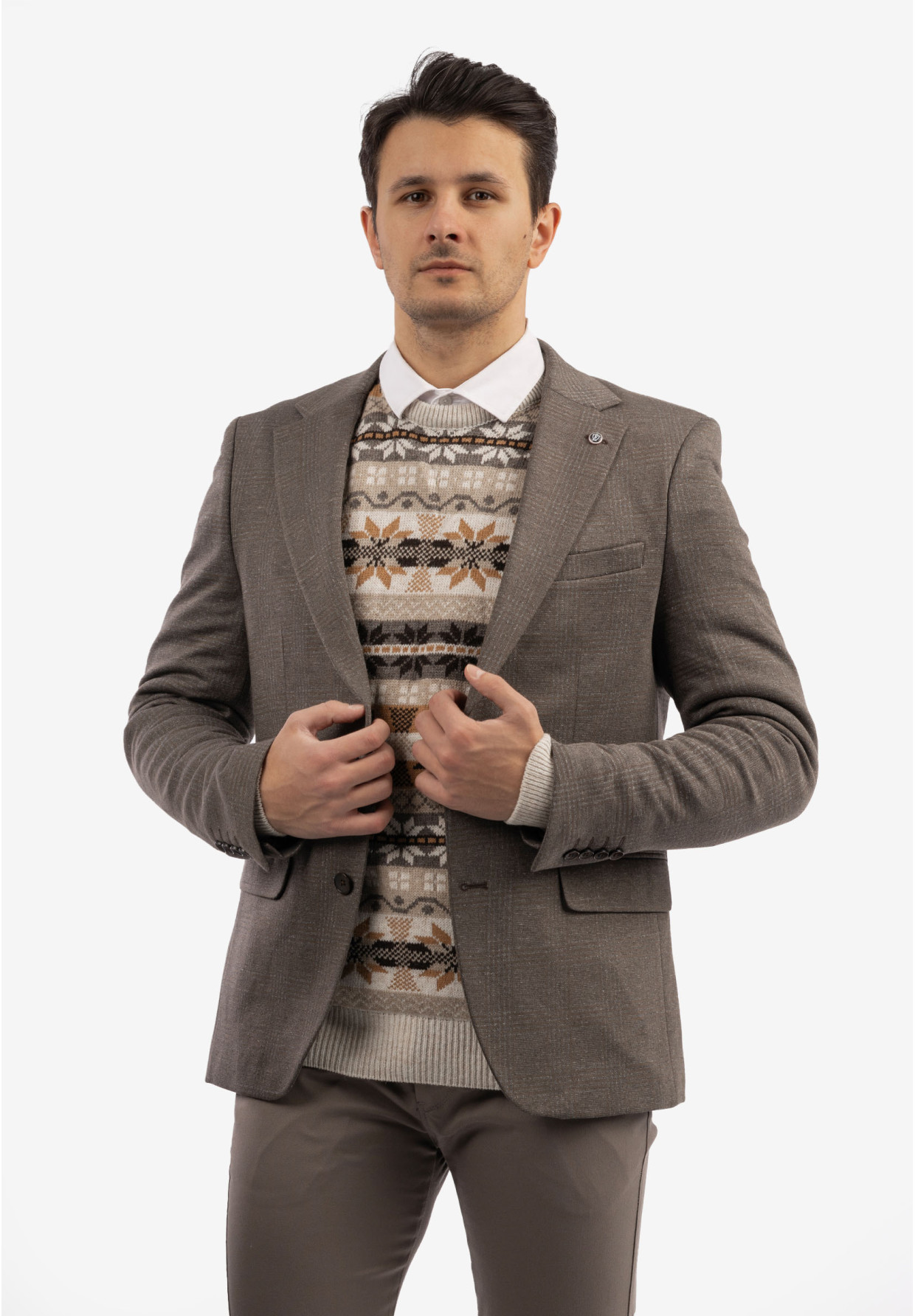 Marynarka Męska Brązowa Elegancka w Kratę RIBAS 3029