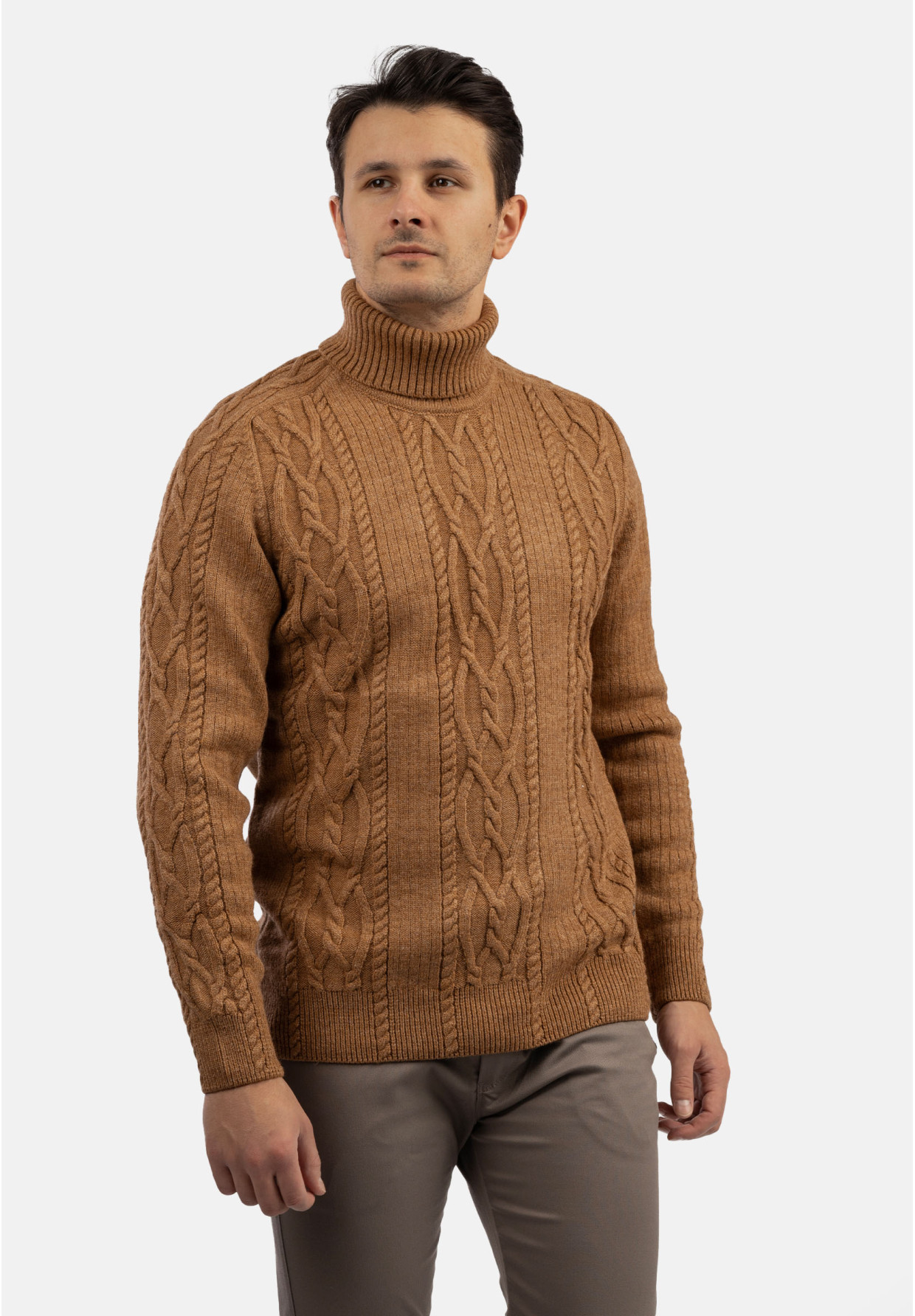 Sweter Męski Golf Brązowy Gruby Zimowy Wełniany Ciepły