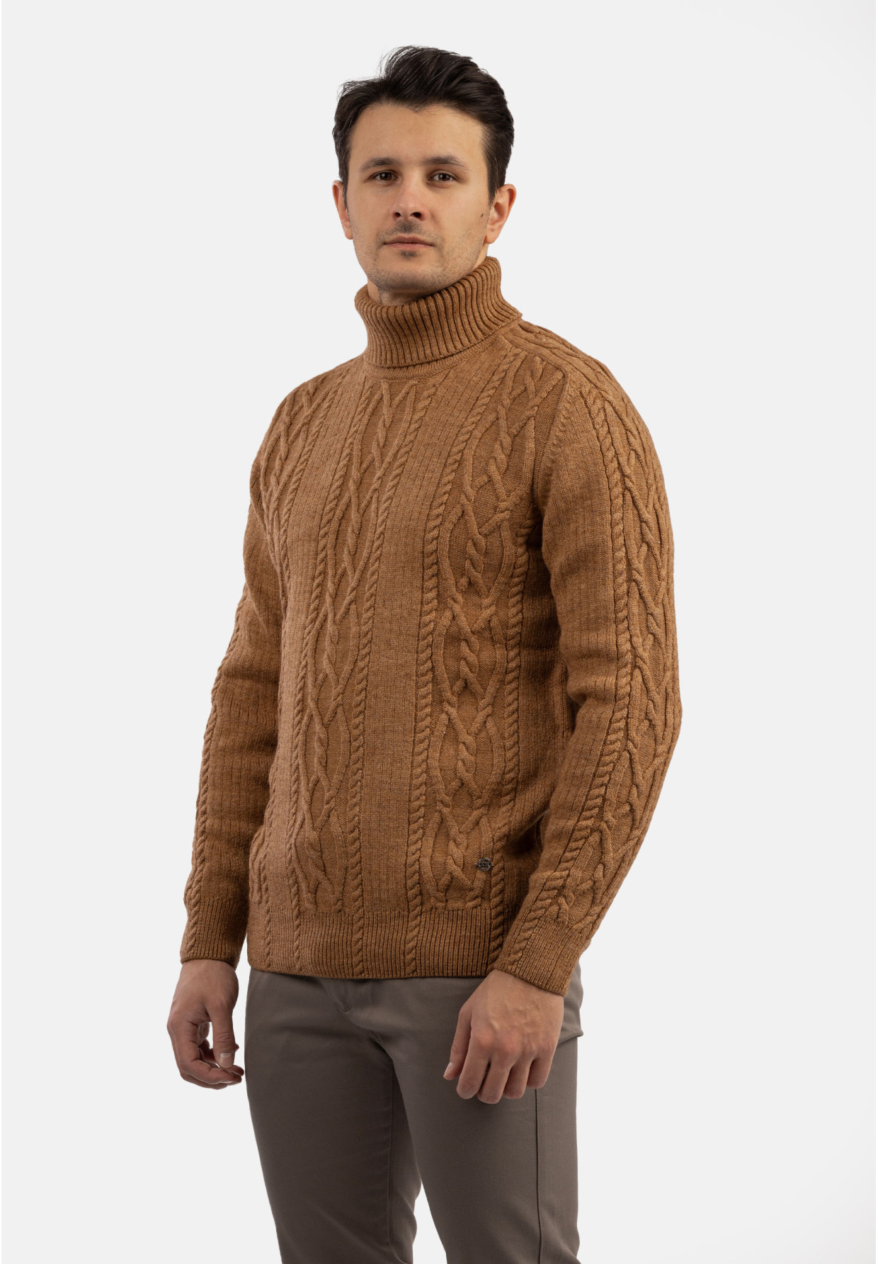Sweter Męski Golf Brązowy Gruby Zimowy Wełniany Ciepły