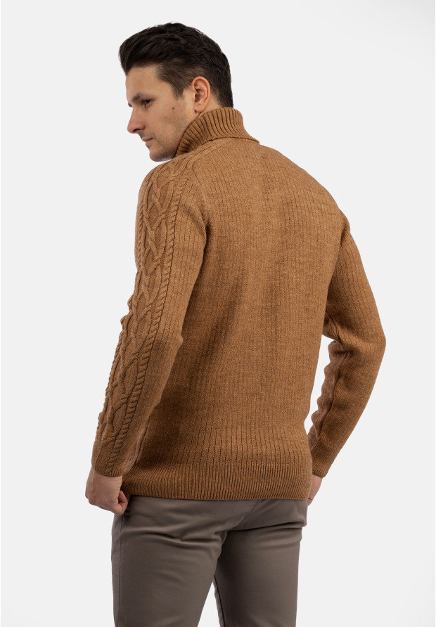 Sweter Męski Golf Brązowy Gruby Zimowy Wełniany Ciepły
