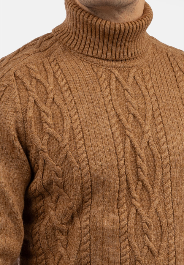 Sweter Męski Golf Brązowy Gruby Zimowy Wełniany Ciepły