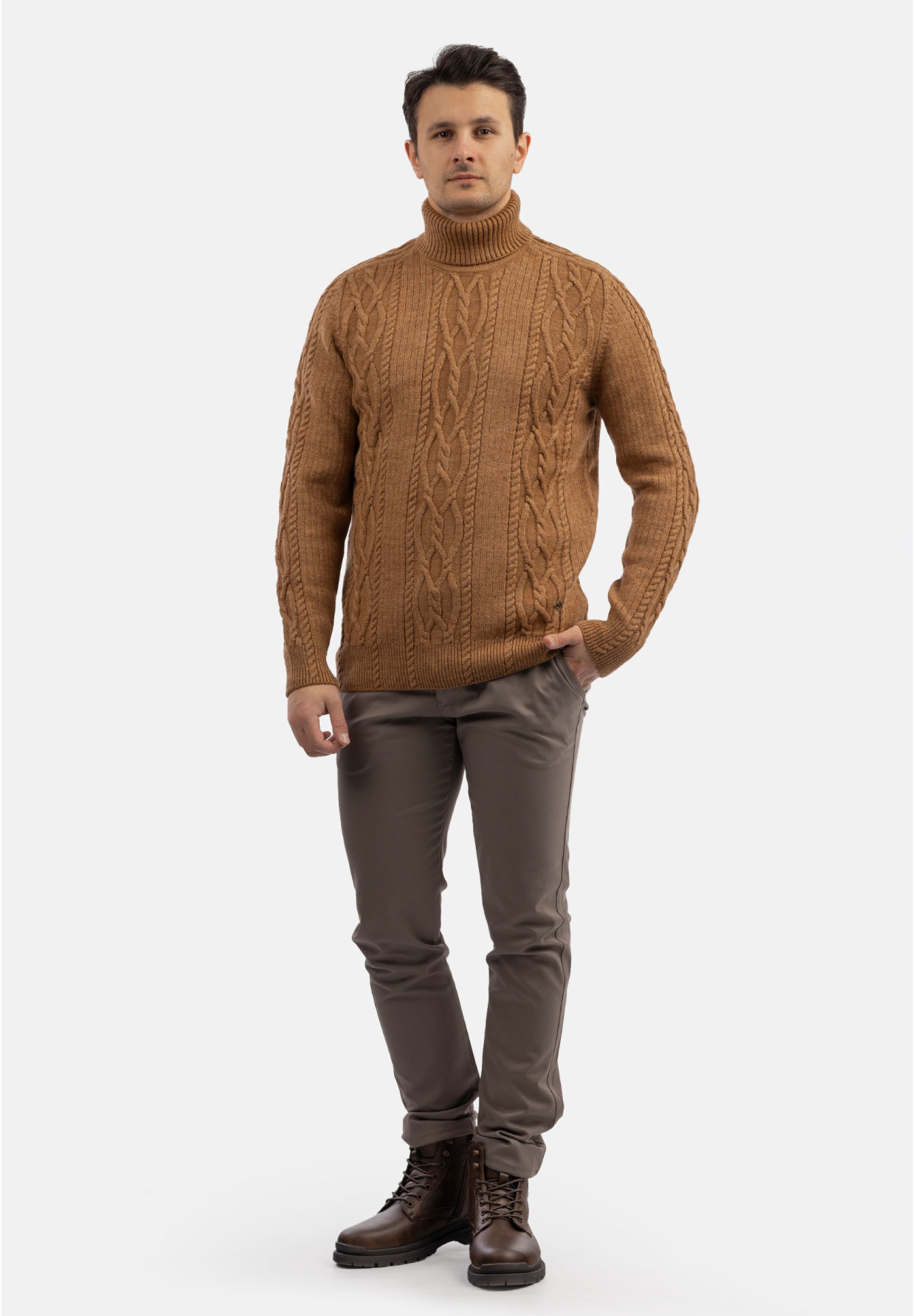 Sweter Męski Golf Brązowy Gruby Zimowy Wełniany Ciepły