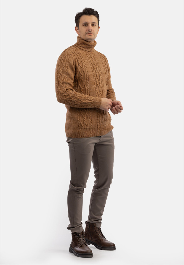 Sweter Męski Golf Brązowy Gruby Zimowy Wełniany Ciepły