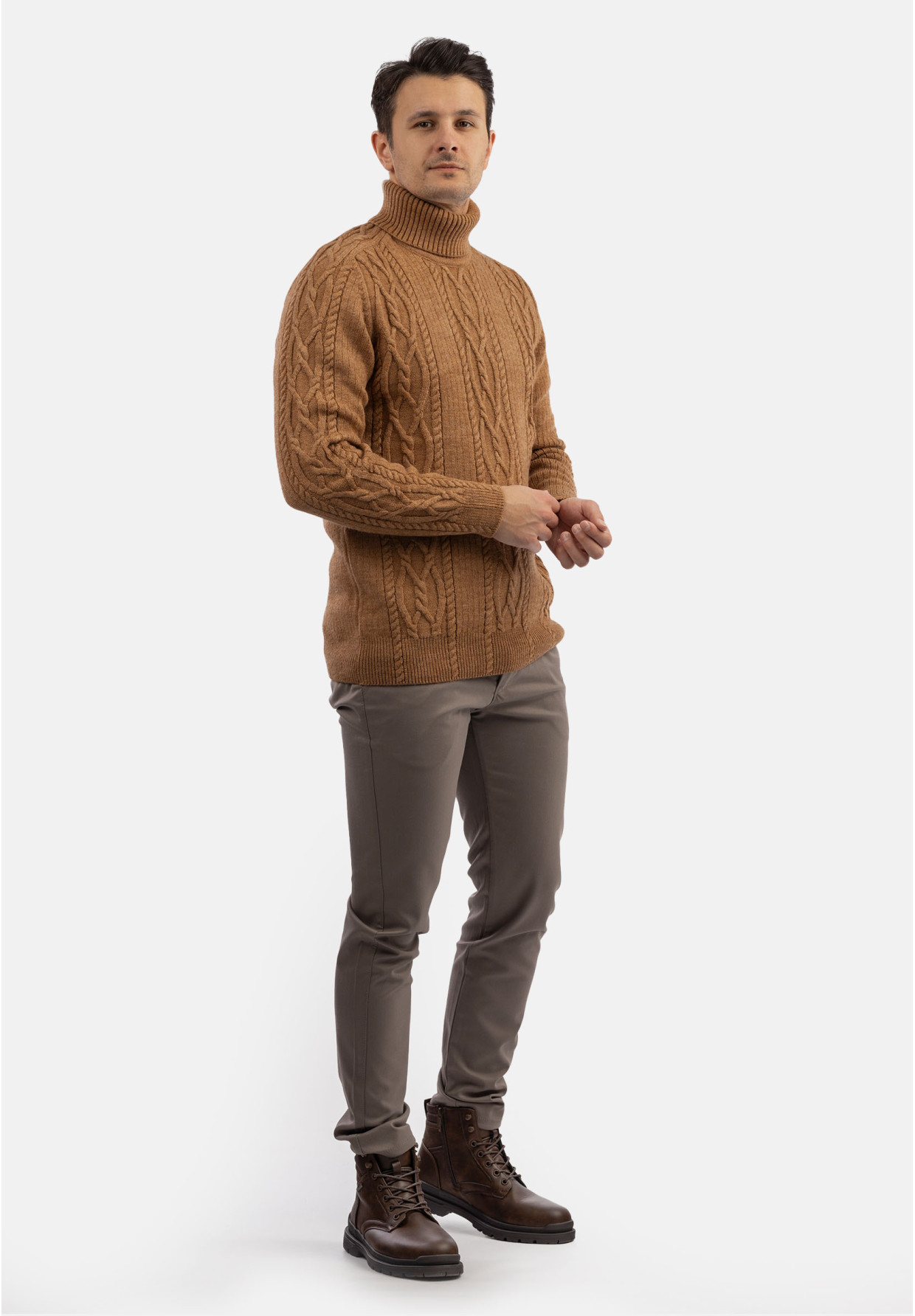 Sweter Męski Golf Brązowy Gruby Zimowy Wełniany Ciepły