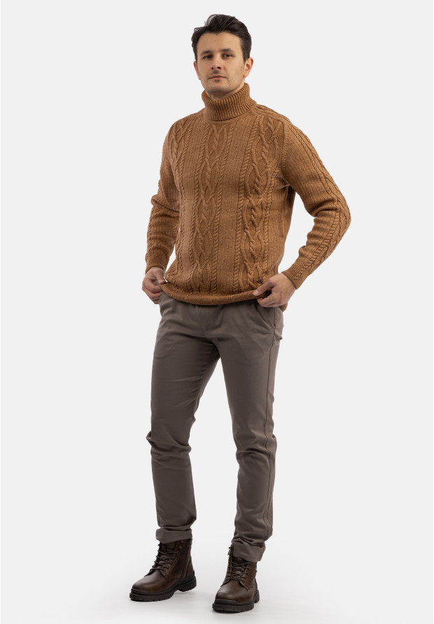 Sweter Męski Golf Brązowy Gruby Zimowy Wełniany Ciepły