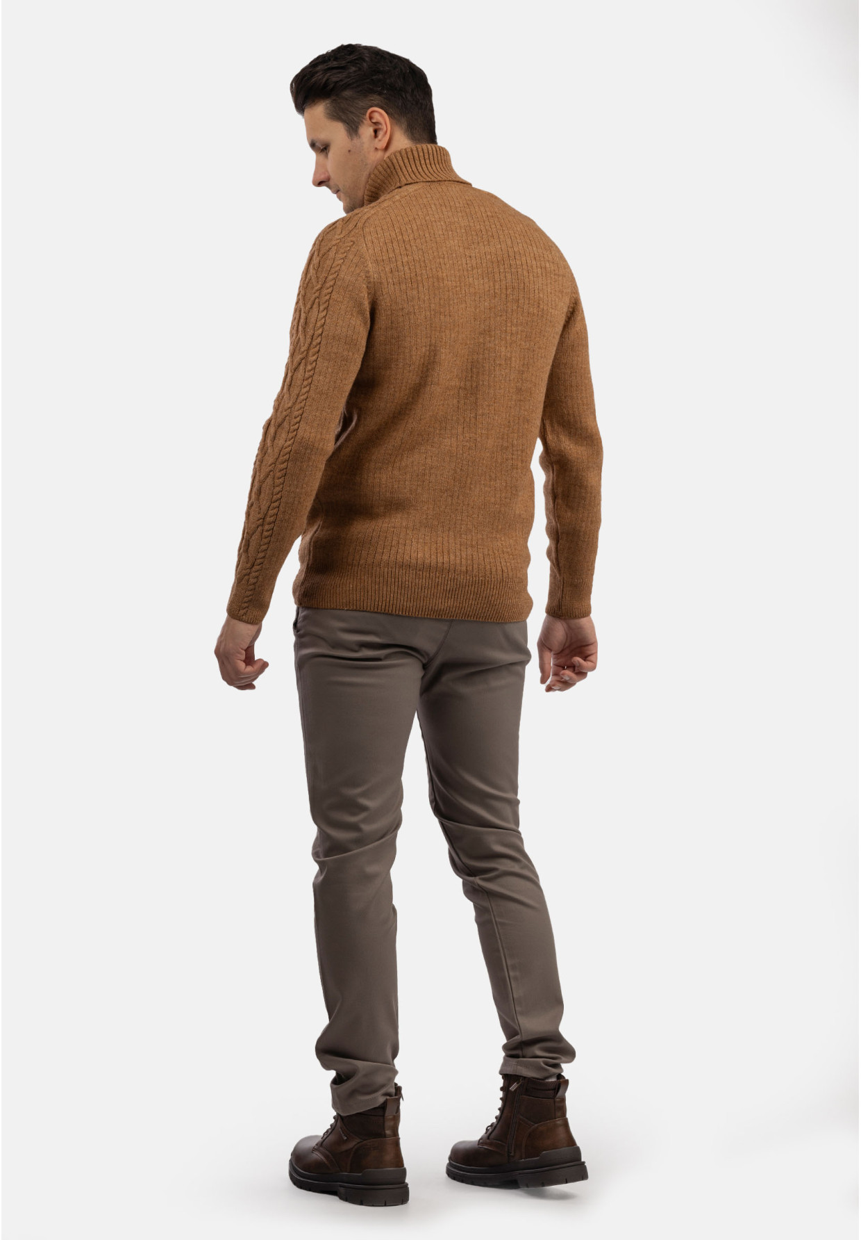 Sweter Męski Golf Brązowy Gruby Zimowy Wełniany Ciepły