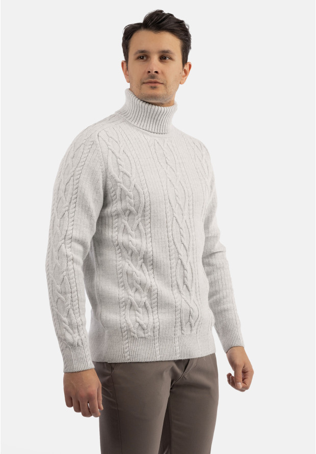 Sweter Męski Golf Szary Gruby Zimowy Wełniany Ciepły