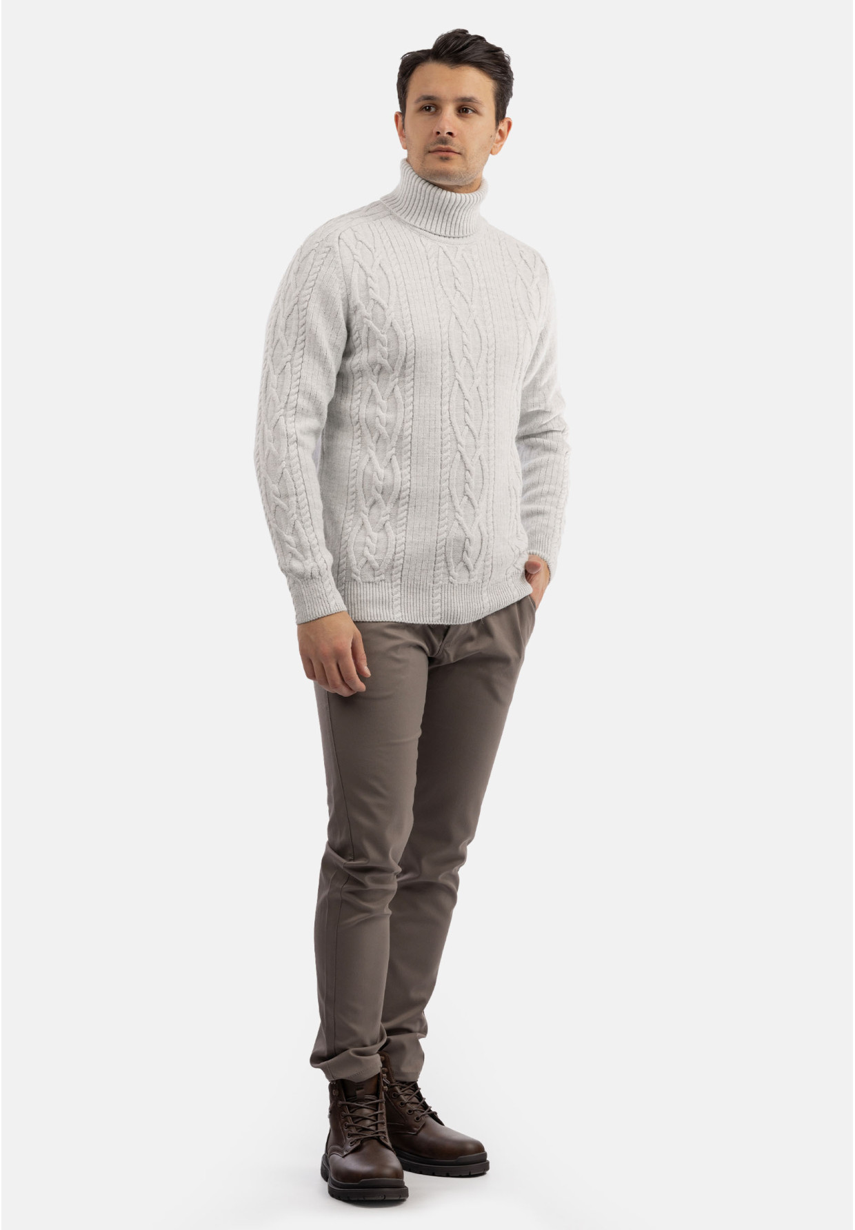 Sweter Męski Golf Szary Gruby Zimowy Wełniany Ciepły