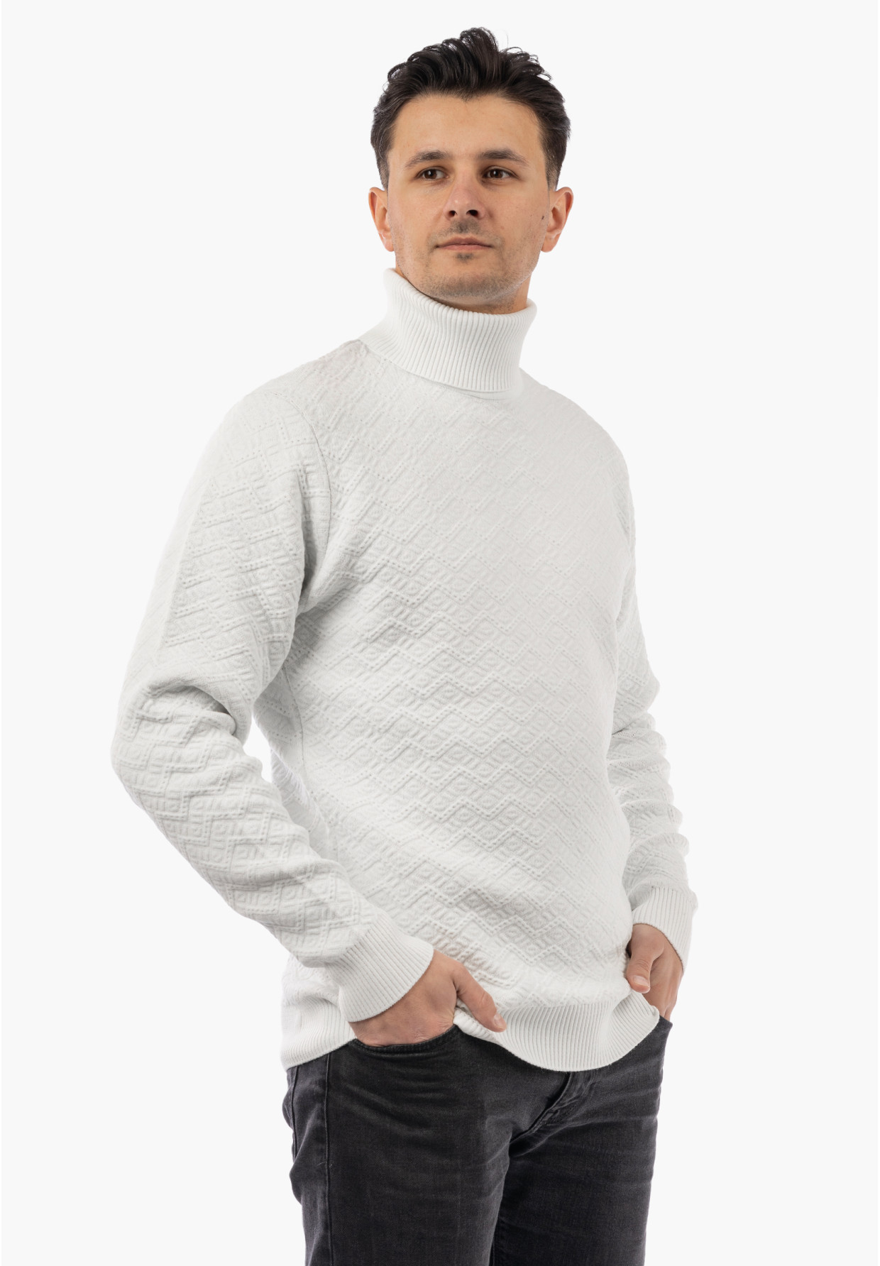 Sweter Męski Golf Zimowy Wełniany Ciepły Klasyczny Elegancki Biały