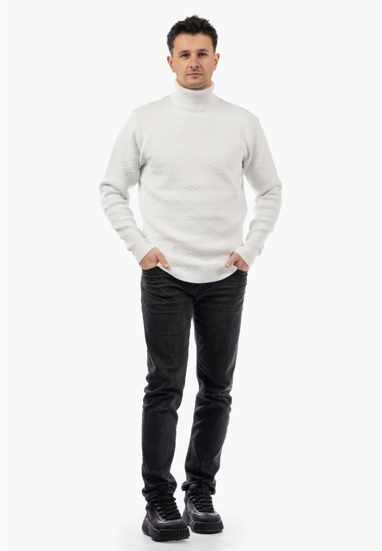 Sweter Męski Golf Zimowy Wełniany Ciepły Klasyczny Elegancki Biały