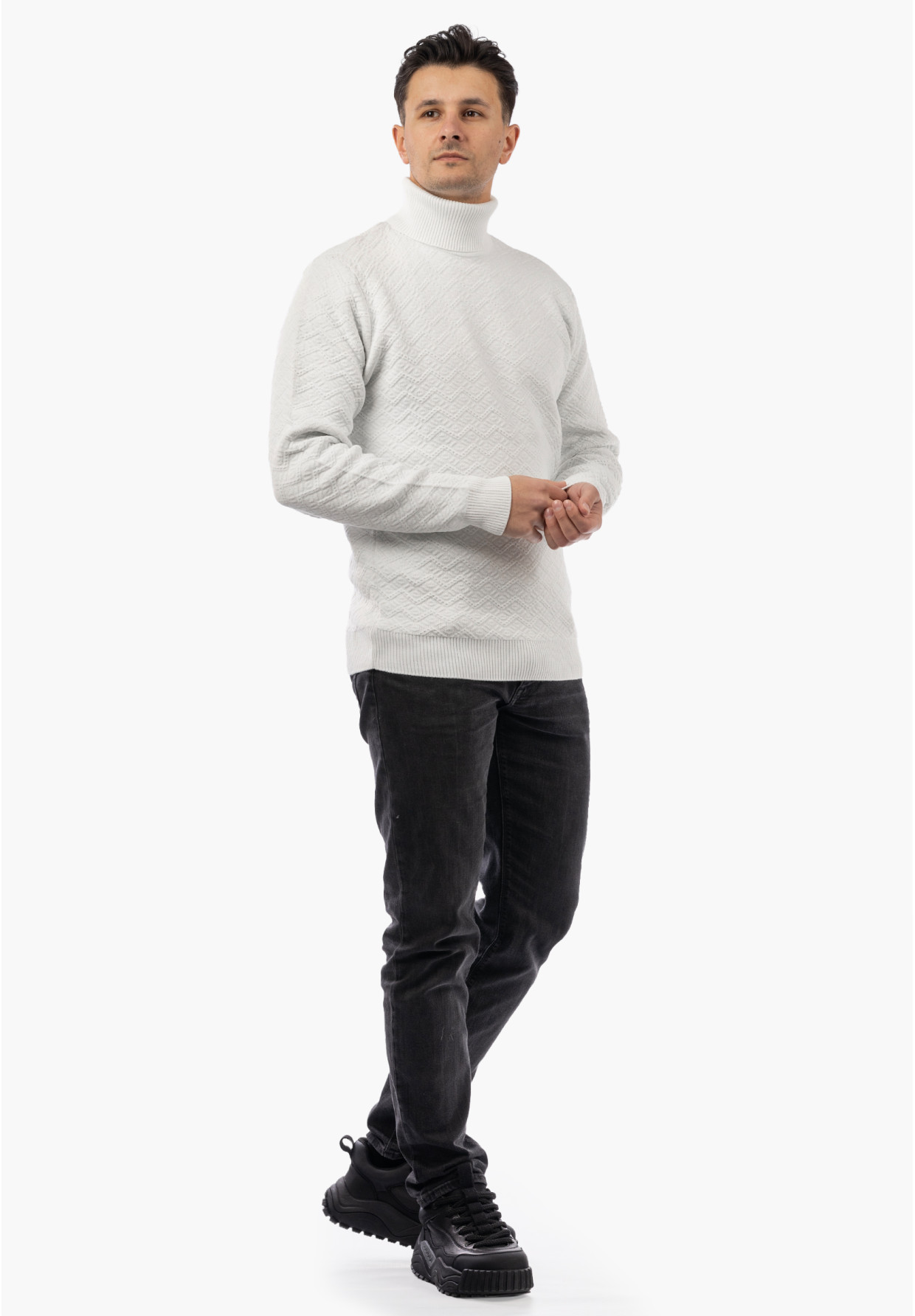 Sweter Męski Golf Zimowy Wełniany Ciepły Klasyczny Elegancki Biały