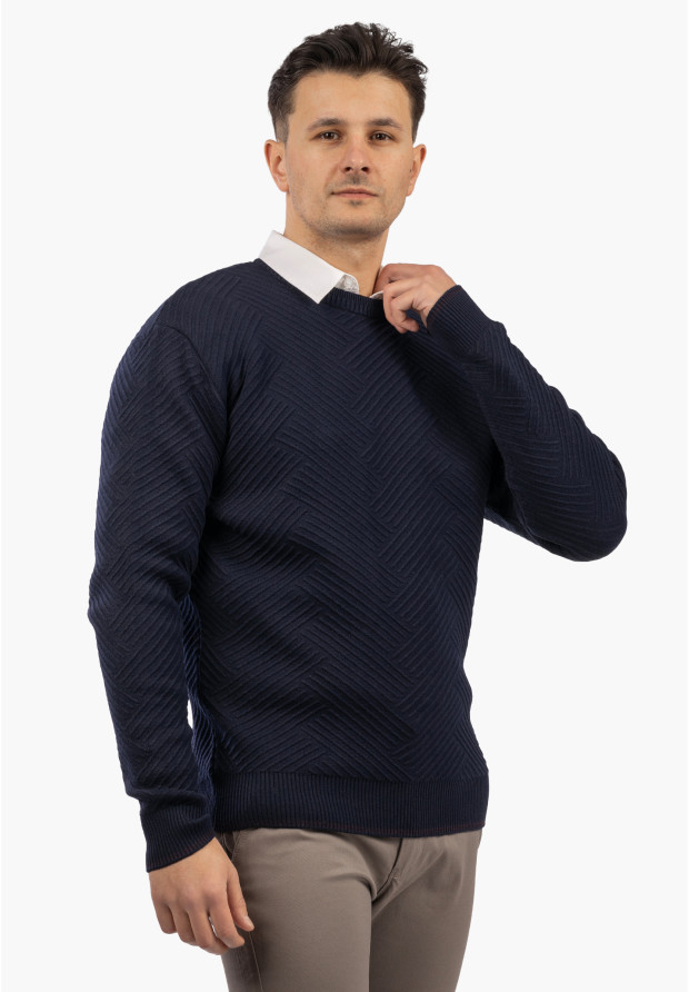Sweter Męski Zimowy Wełniany Ciepły Klasyczny Elegancki Granatowy