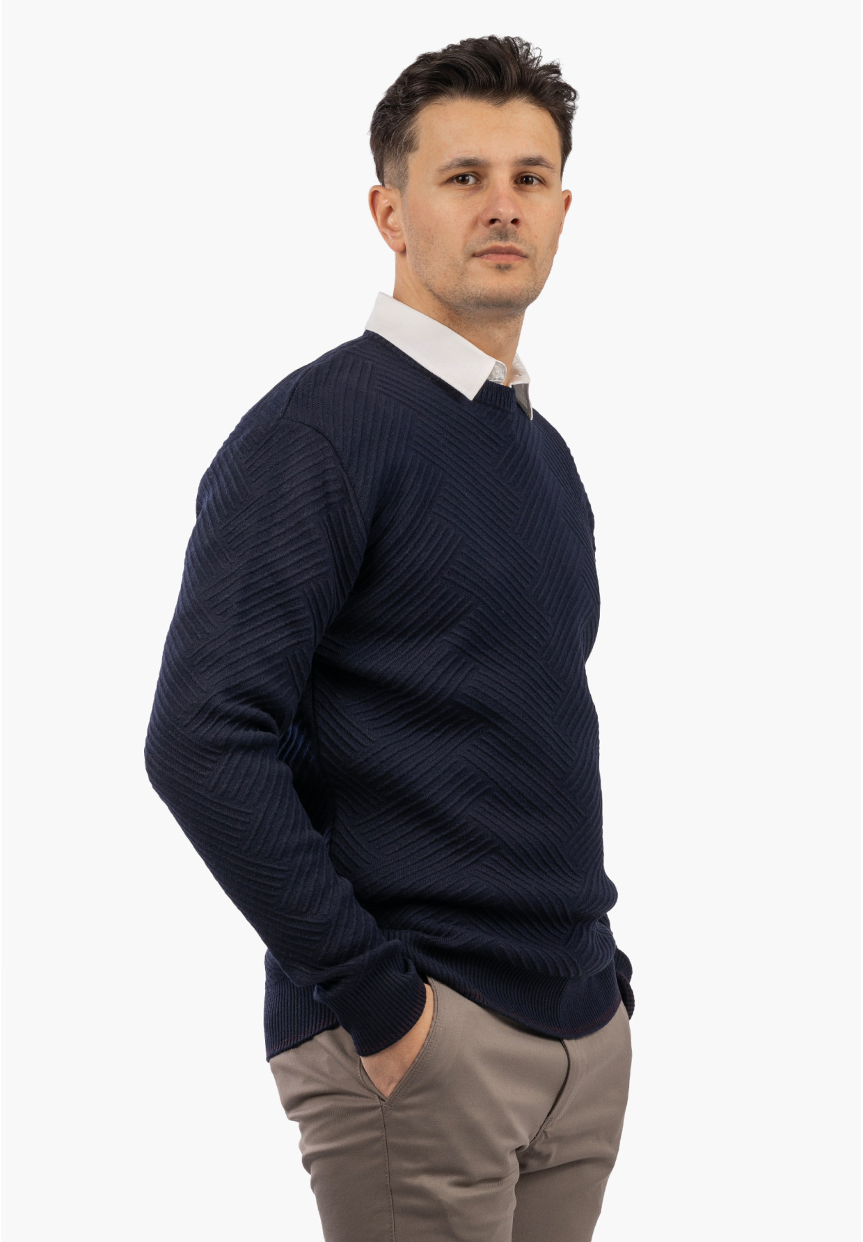 Sweter Męski Zimowy Wełniany Ciepły Klasyczny Elegancki Granatowy