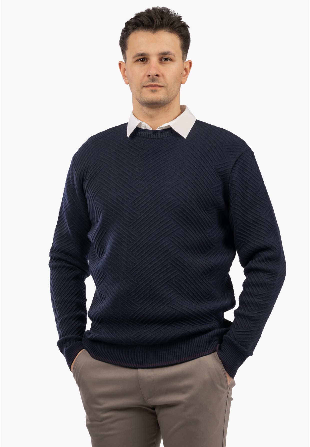 Sweter Męski Zimowy Wełniany Ciepły Klasyczny Elegancki Granatowy