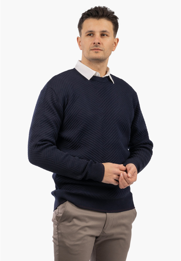 Sweter Męski Zimowy Wełniany Ciepły Klasyczny Elegancki Granatowy