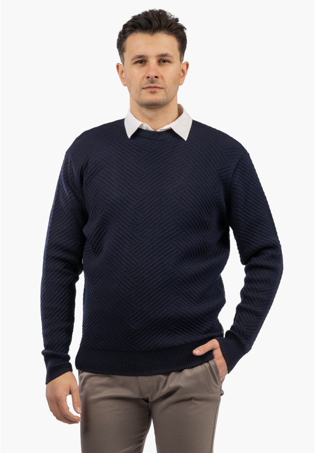 Sweter Męski Zimowy Wełniany Ciepły Klasyczny Elegancki Granatowy