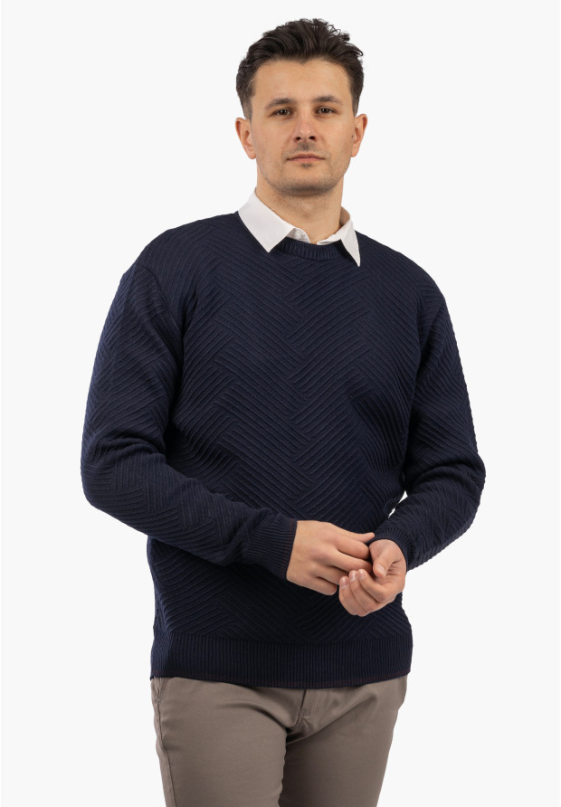 Sweter Męski Zimowy Wełniany Ciepły Klasyczny Elegancki Granatowy